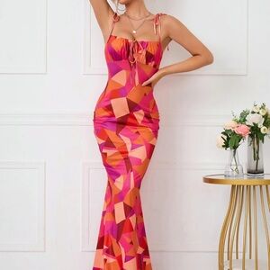 Geometric Pink and Orange Maxi Dress